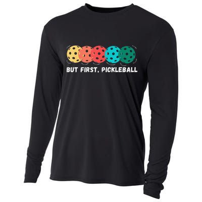 But First Pickleball, Funny Vintage Pickleball Player Cooling Performance Long Sleeve Crew