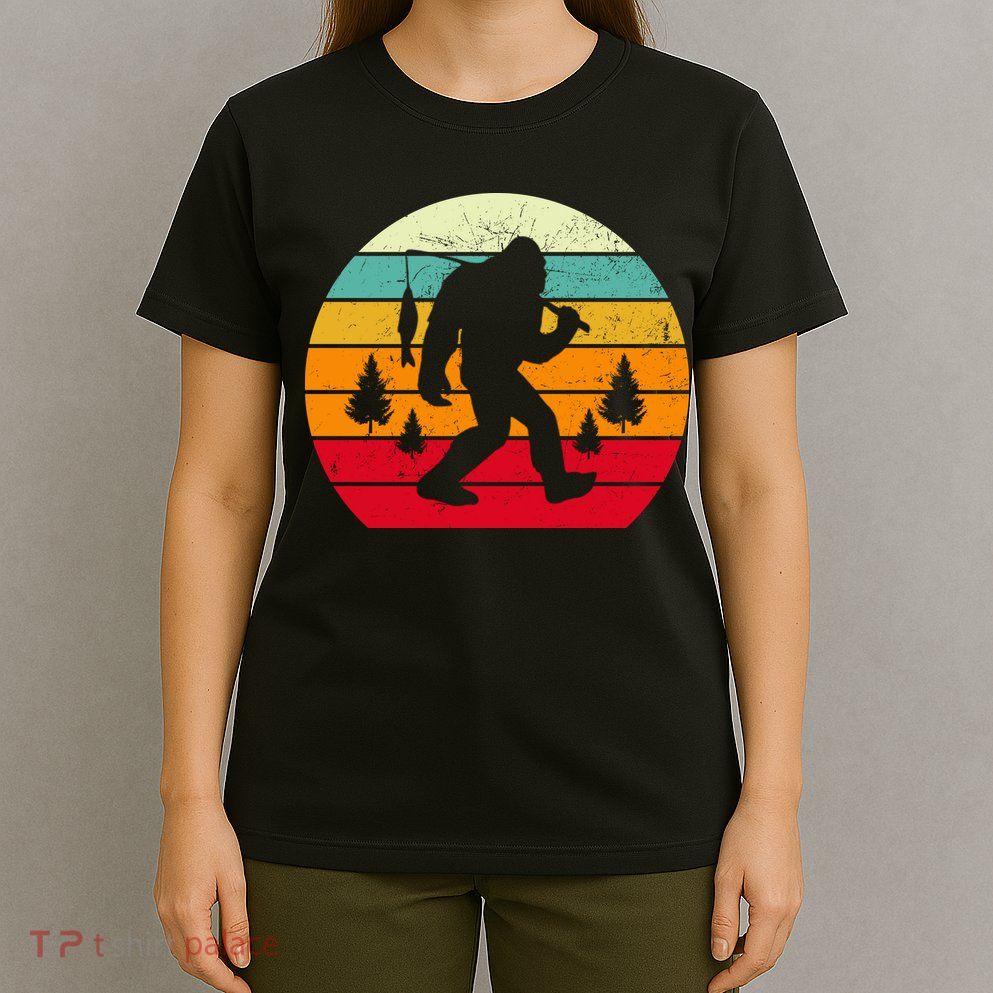 Bigfoot Fishing Retro Sunset T-Shirt