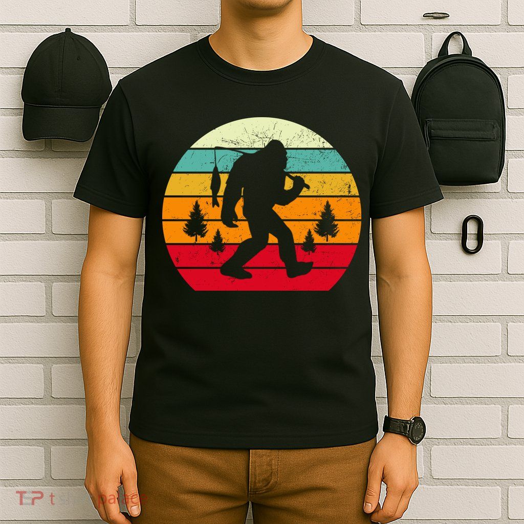Bigfoot Fishing Retro Sunset T-Shirt