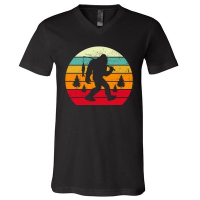 Bigfoot Fishing Retro Sunset V-Neck T-Shirt