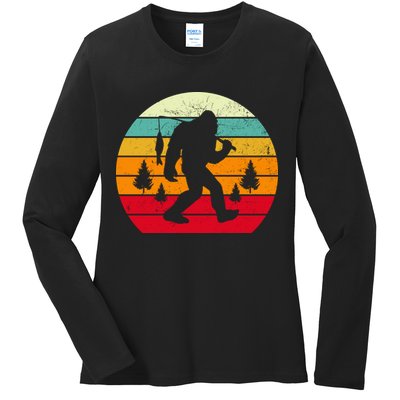 Bigfoot Fishing Retro Sunset Ladies Long Sleeve Shirt