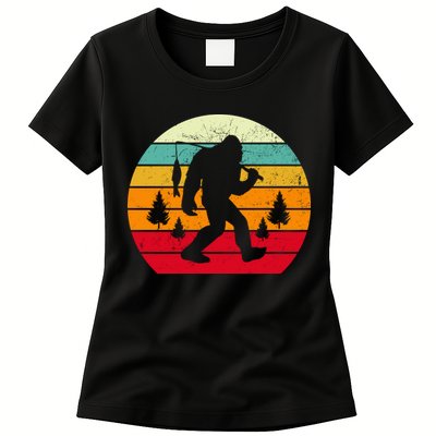 Bigfoot Fishing Retro Sunset Womens T-Shirt