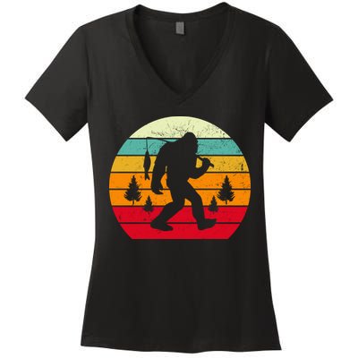 Bigfoot Fishing Retro Sunset Women's V-Neck T-Shirt