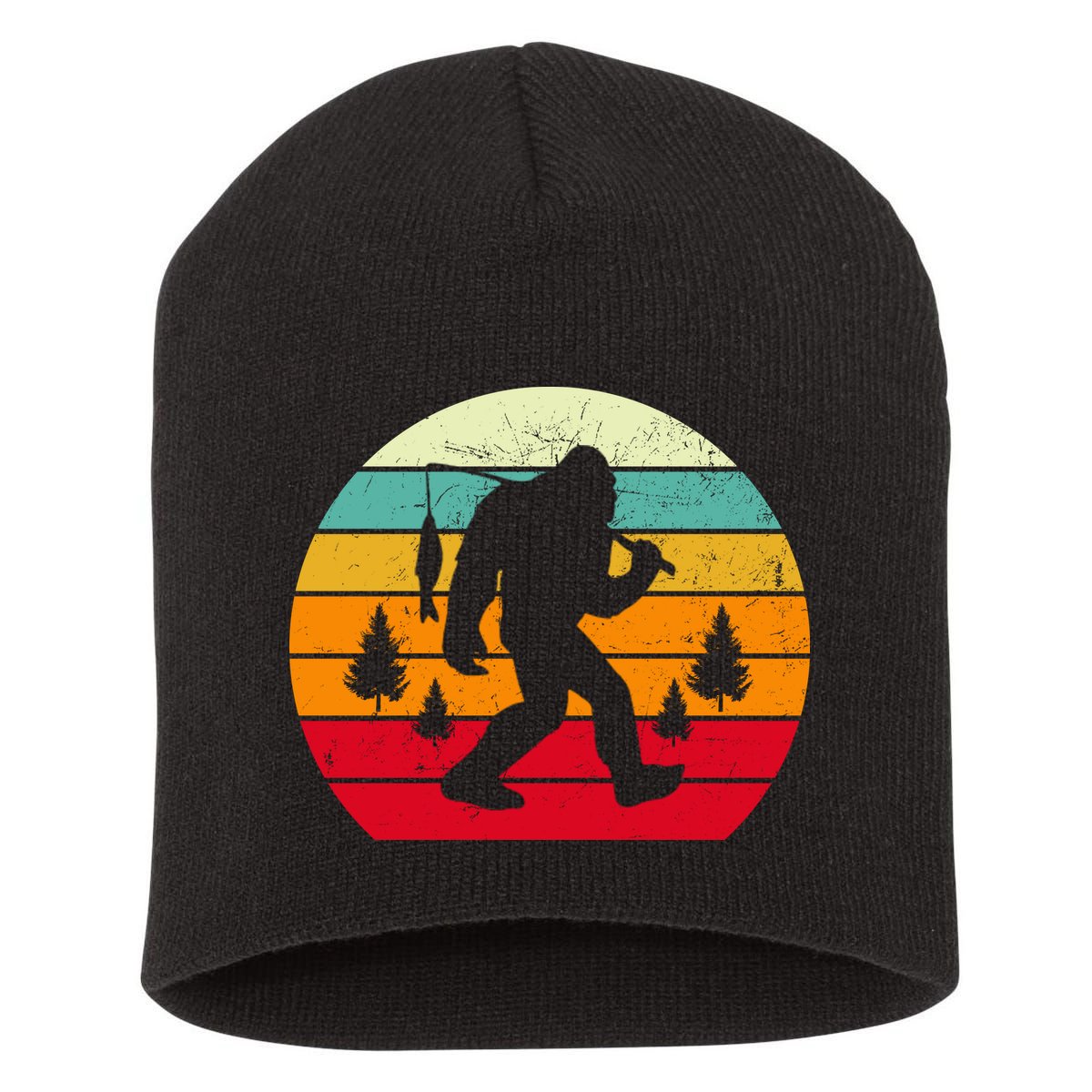 Bigfoot Fishing Retro Sunset Short Acrylic Beanie