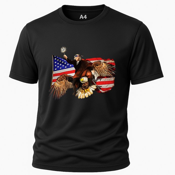 Ben Franklin Riding Eagle Funny July 4th American Flag Cooling Performance Crew T-Shirt