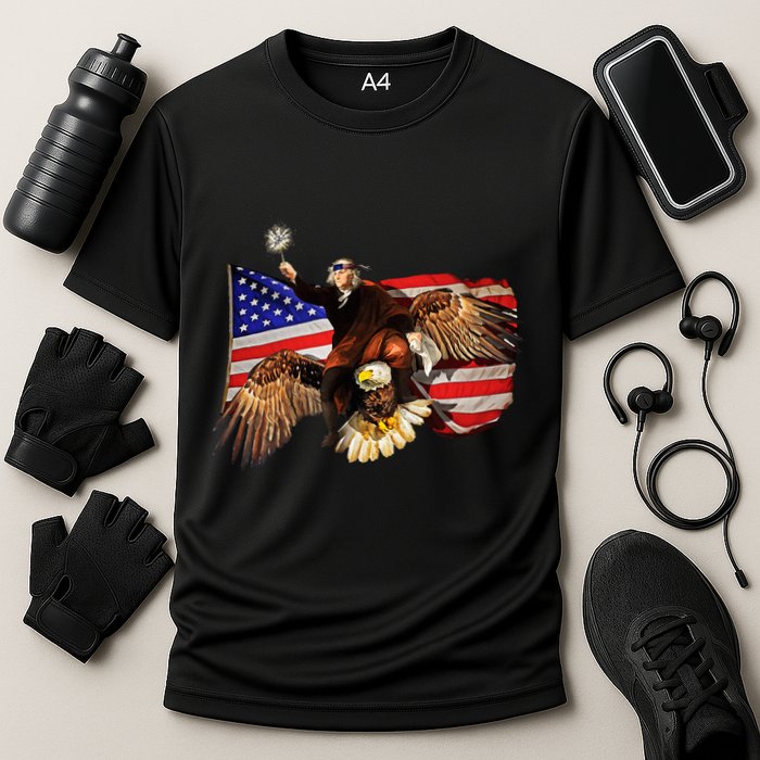 Ben Franklin Riding Eagle Funny July 4th American Flag Cooling Performance Crew T-Shirt
