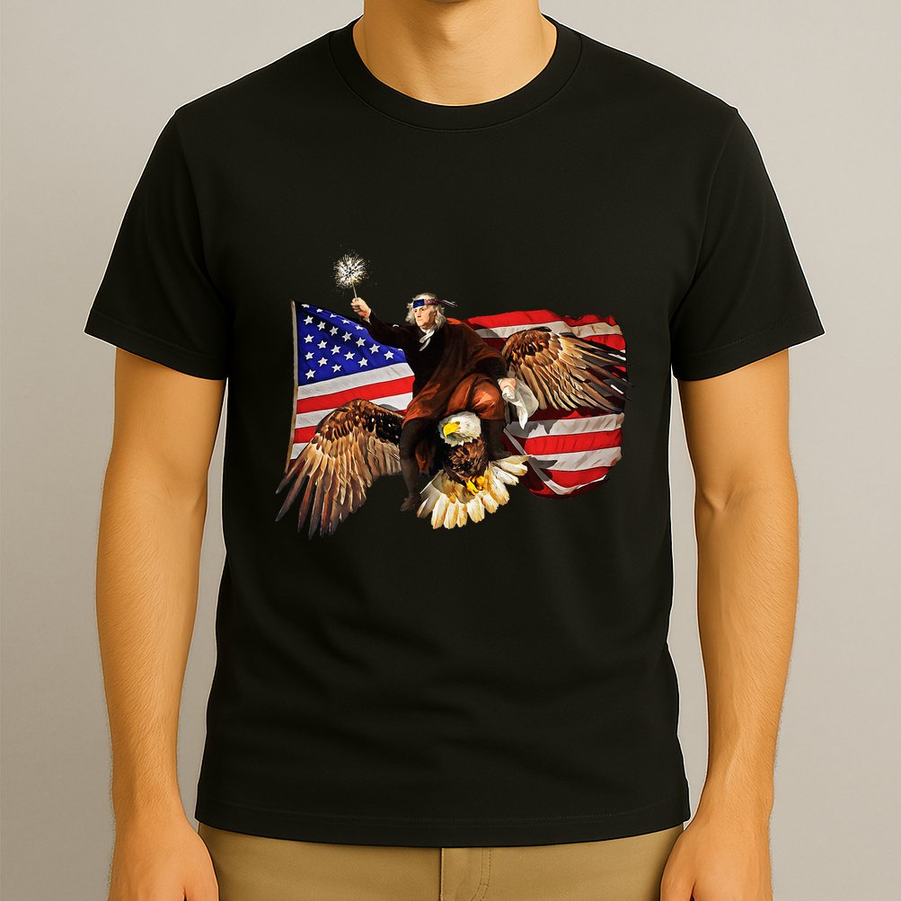 Ben Franklin Riding Eagle Funny July 4th American Flag T-Shirt