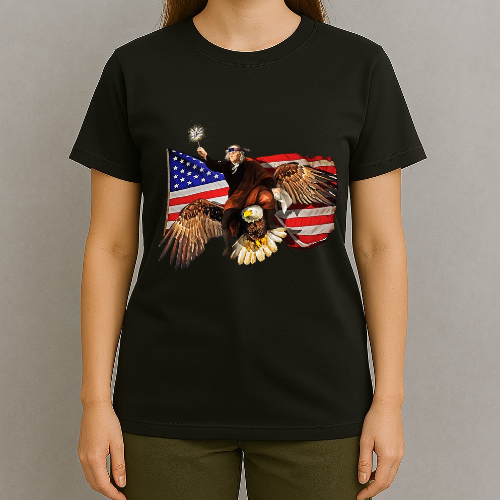 Ben Franklin Riding Eagle Funny July 4th American Flag T-Shirt