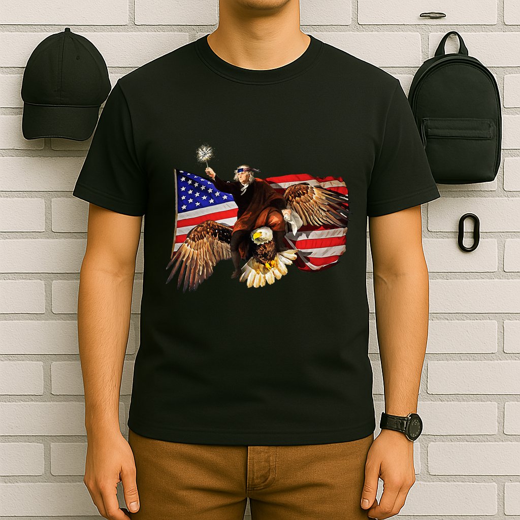 Ben Franklin Riding Eagle Funny July 4th American Flag T-Shirt