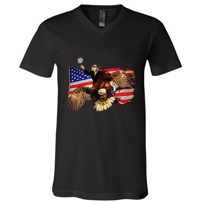 Ben Franklin Riding Eagle Funny July 4th American Flag V-Neck T-Shirt