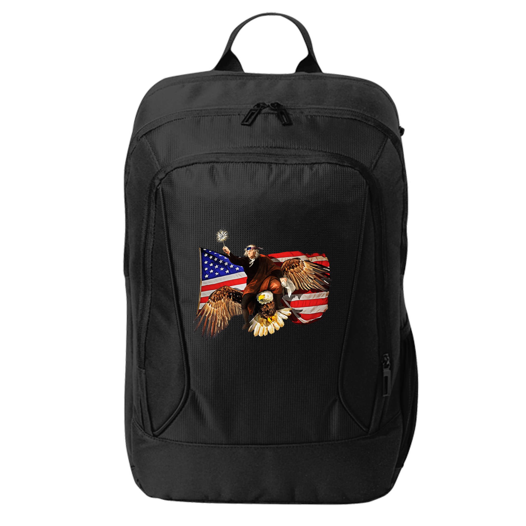 Ben Franklin Riding Eagle Funny July 4th American Flag City Backpack