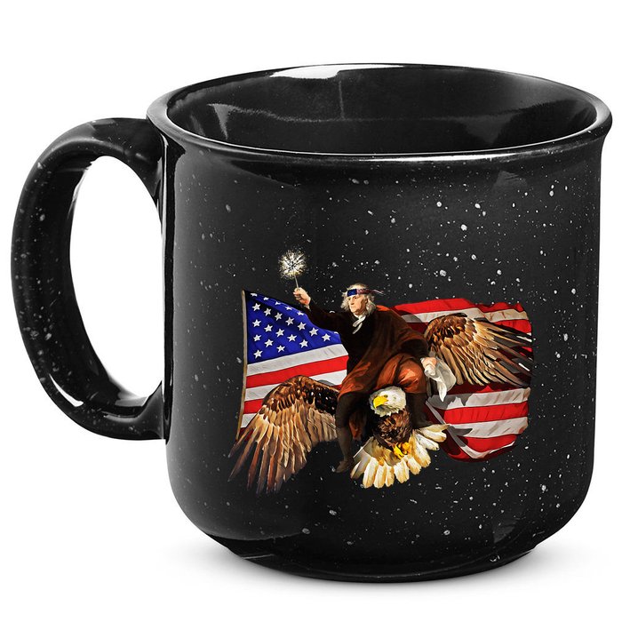 Ben Franklin Riding Eagle Funny July 4th American Flag 15oz Campfire Ceramic Mug