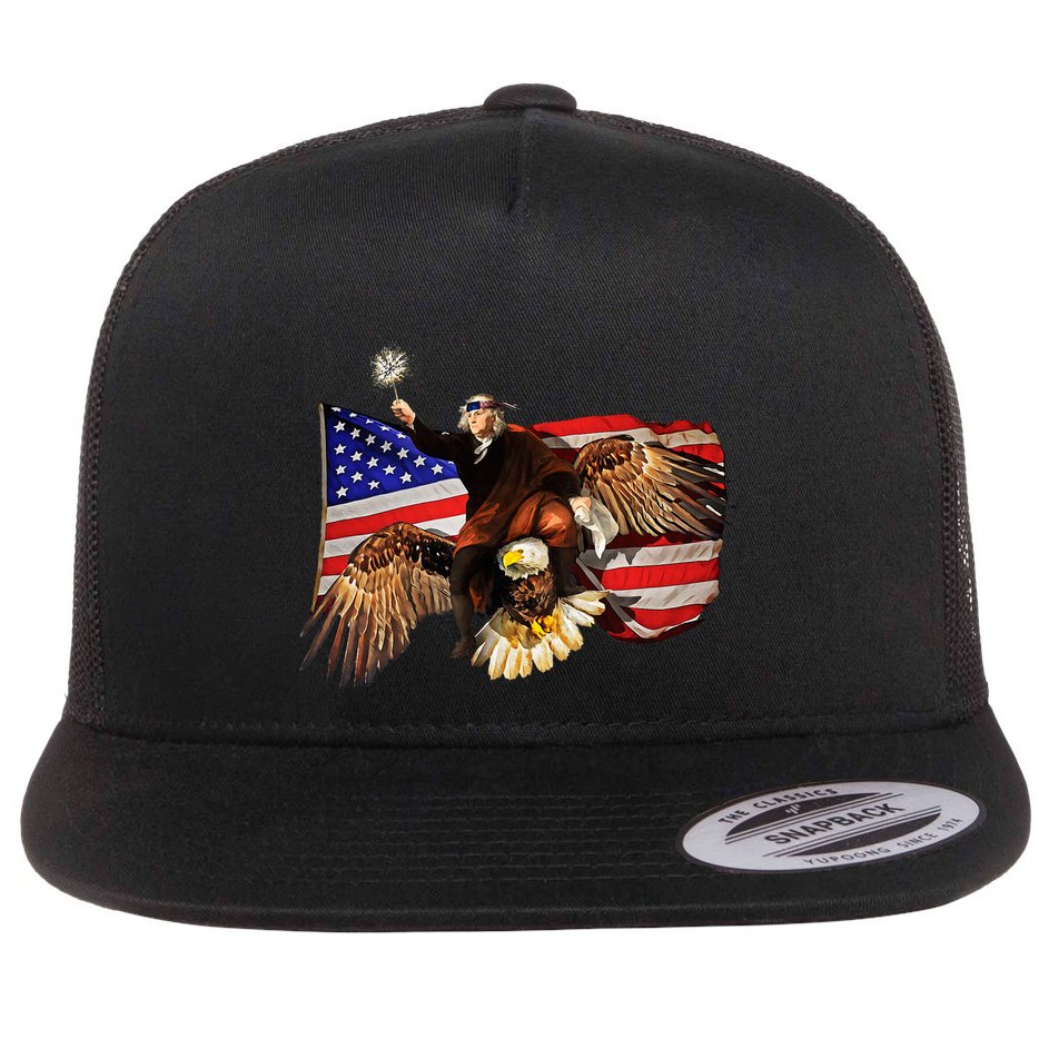 Ben Franklin Riding Eagle Funny July 4th American Flag Flat Bill Trucker Hat