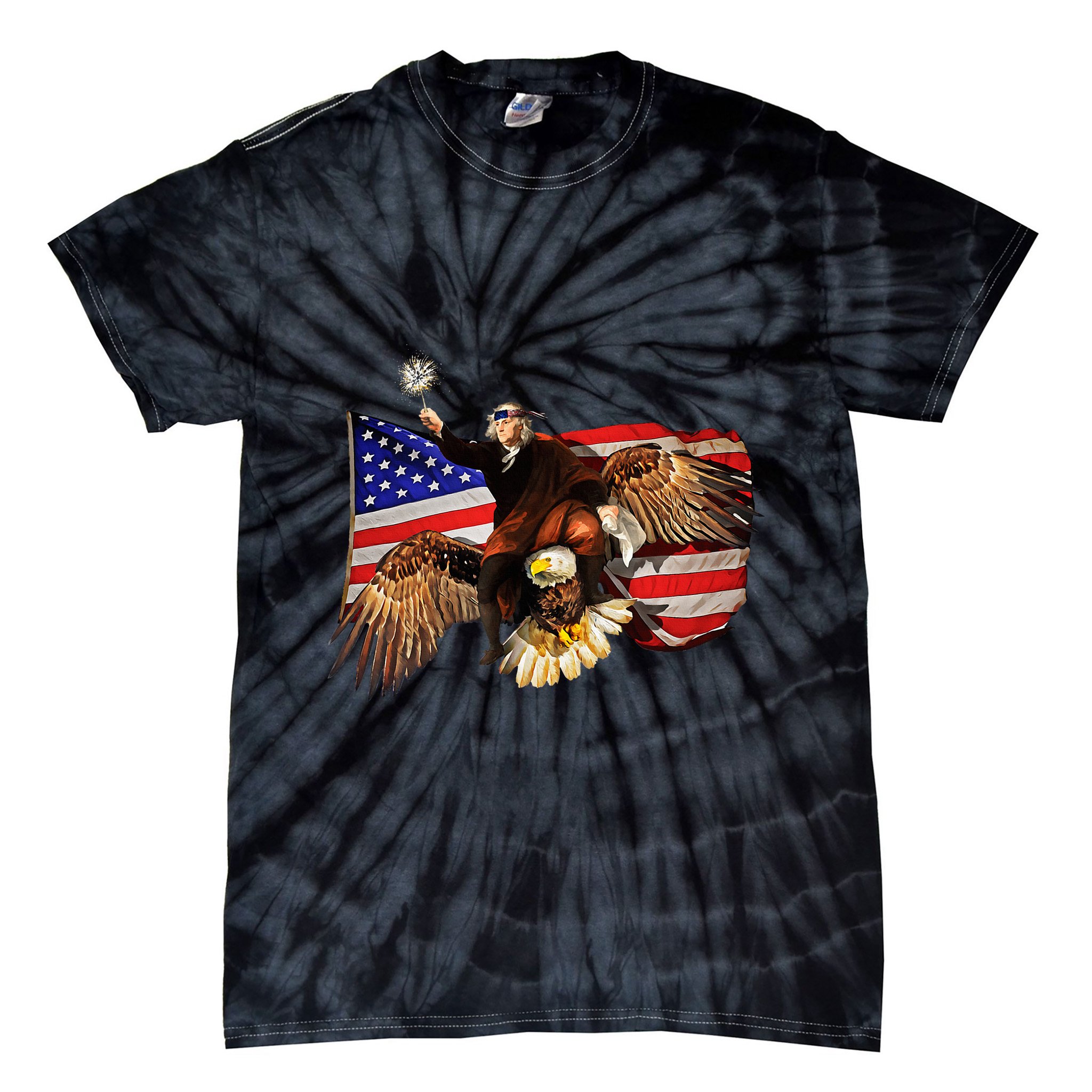 Ben Franklin Riding Eagle Funny July 4th American Flag Tie-Dye T-Shirt