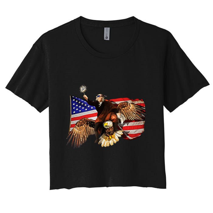 Ben Franklin Riding Eagle Funny July 4th American Flag Women's Crop Top Tee
