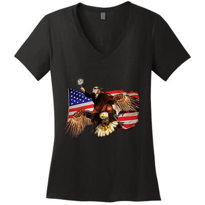 Ben Franklin Riding Eagle Funny July 4th American Flag Women's V-Neck T-Shirt