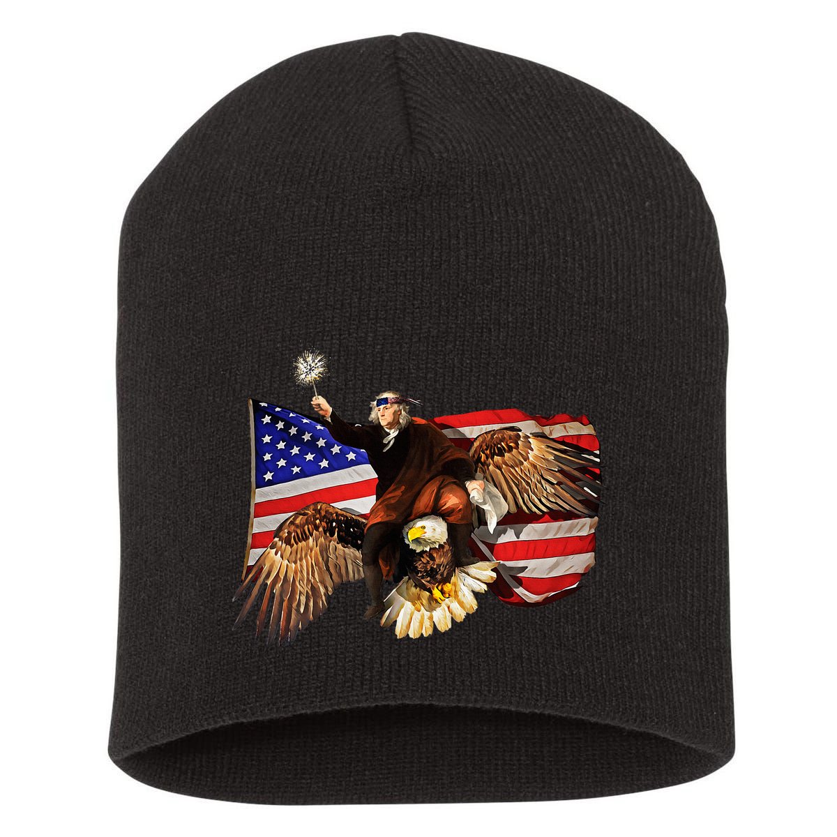 Ben Franklin Riding Eagle Funny July 4th American Flag Short Acrylic Beanie