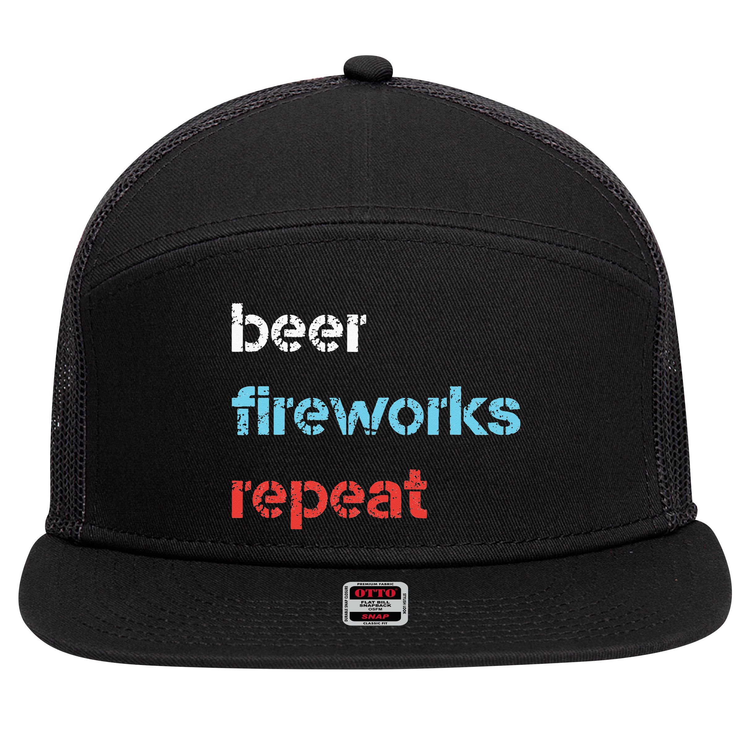 Beer Fireworks Repeat 4Th Of July Beer Drinking 7 Panel Mesh Trucker Snapback Hat