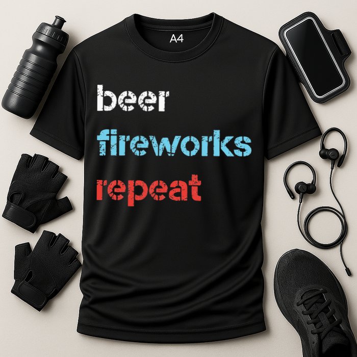 Beer Fireworks Repeat 4Th Of July Beer Drinking Cooling Performance Crew T-Shirt