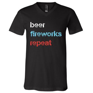 Beer Fireworks Repeat 4Th Of July Beer Drinking V-Neck T-Shirt