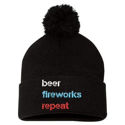 Beer Fireworks Repeat 4Th Of July Beer Drinking Pom Pom 12in Knit Beanie