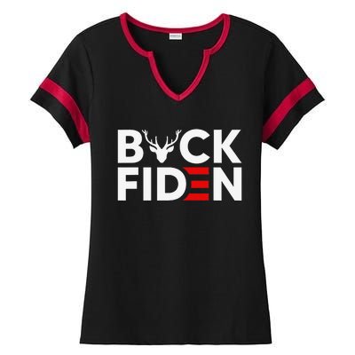 Buck Fiden Retro American Flag Buck Fiden And His Mandates Ladies Halftime Notch Neck Tee