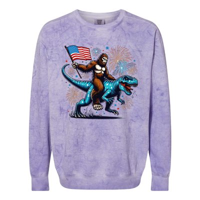 Bigfoot Fireworks Riding A Trex With Usa Flag Colorblast Crewneck Sweatshirt