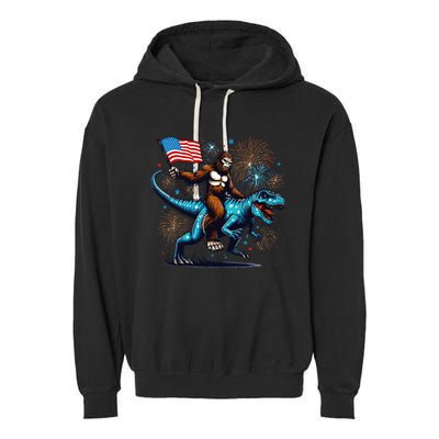 Bigfoot Fireworks Riding A Trex With Usa Flag Garment-Dyed Fleece Hoodie