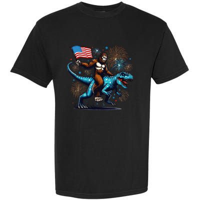 Bigfoot Fireworks Riding A Trex With Usa Flag Garment-Dyed Heavyweight T-Shirt