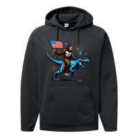 Bigfoot Fireworks Riding A Trex With Usa Flag Performance Fleece Hoodie