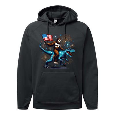 Bigfoot Fireworks Riding A Trex With Usa Flag Performance Fleece Hoodie