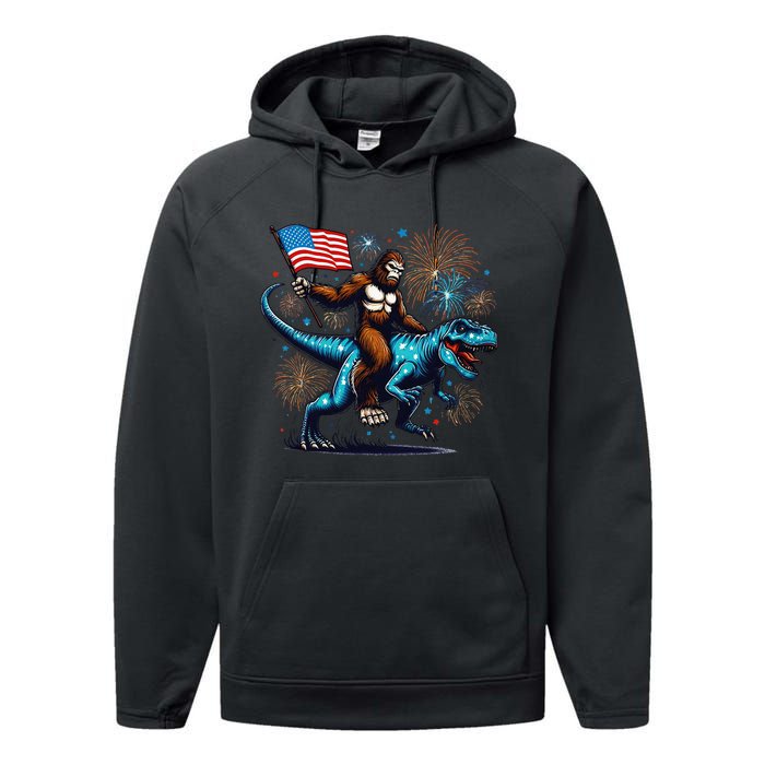 Bigfoot Fireworks Riding A Trex With Usa Flag Performance Fleece Hoodie