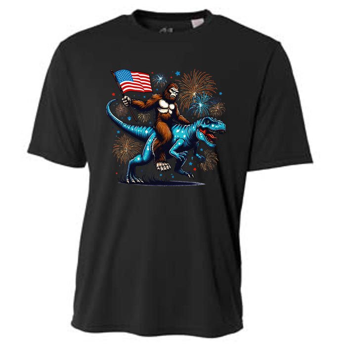 Bigfoot Fireworks Riding A Trex With Usa Flag Cooling Performance Crew T-Shirt