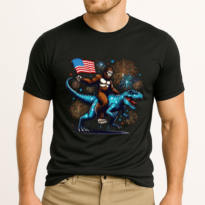 Bigfoot Fireworks Riding A Trex With Usa Flag Cooling Performance Crew T-Shirt