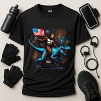 Bigfoot Fireworks Riding A Trex With Usa Flag Cooling Performance Crew T-Shirt