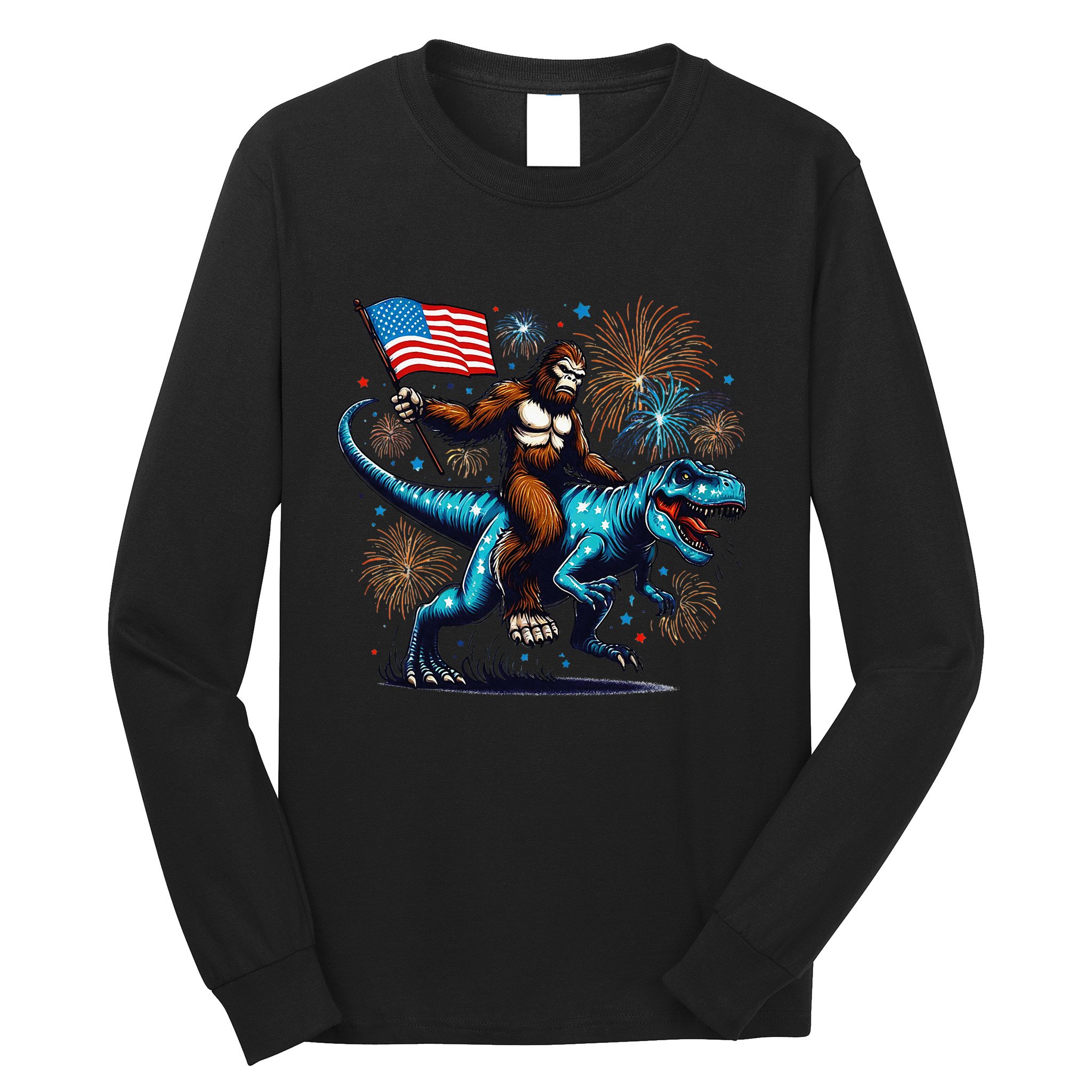 Bigfoot Fireworks Riding A Trex With Usa Flag Long Sleeve Shirt