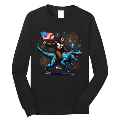 Bigfoot Fireworks Riding A Trex With Usa Flag Long Sleeve Shirt