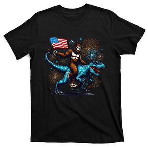 Bigfoot Fireworks Riding A Trex With Usa Flag T-Shirt