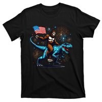 Bigfoot Fireworks Riding A Trex With Usa Flag T-Shirt