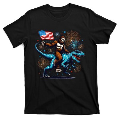 Bigfoot Fireworks Riding A Trex With Usa Flag T-Shirt