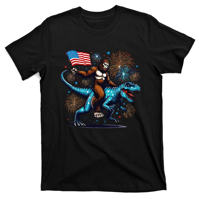 Bigfoot Fireworks Riding A Trex With Usa Flag T-Shirt