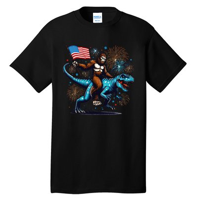 Bigfoot Fireworks Riding A Trex With Usa Flag Tall T-Shirt