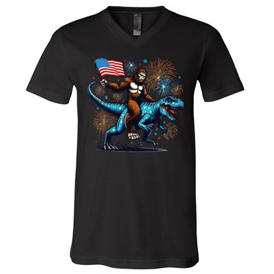 Bigfoot Fireworks Riding A Trex With Usa Flag V-Neck T-Shirt