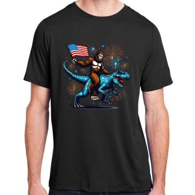 Bigfoot Fireworks Riding A Trex With Usa Flag Adult ChromaSoft Performance T-Shirt