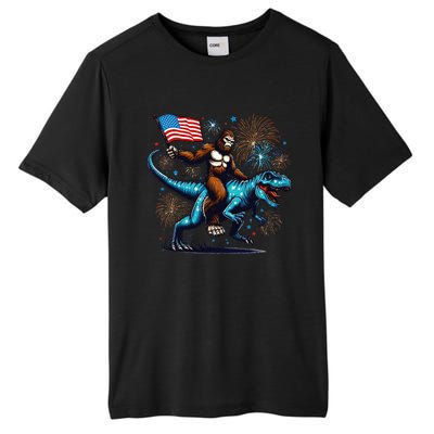 Bigfoot Fireworks Riding A Trex With Usa Flag Tall Fusion ChromaSoft Performance T-Shirt