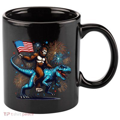 Bigfoot Fireworks Riding A Trex With Usa Flag 11oz C Handle Ceramic Mug