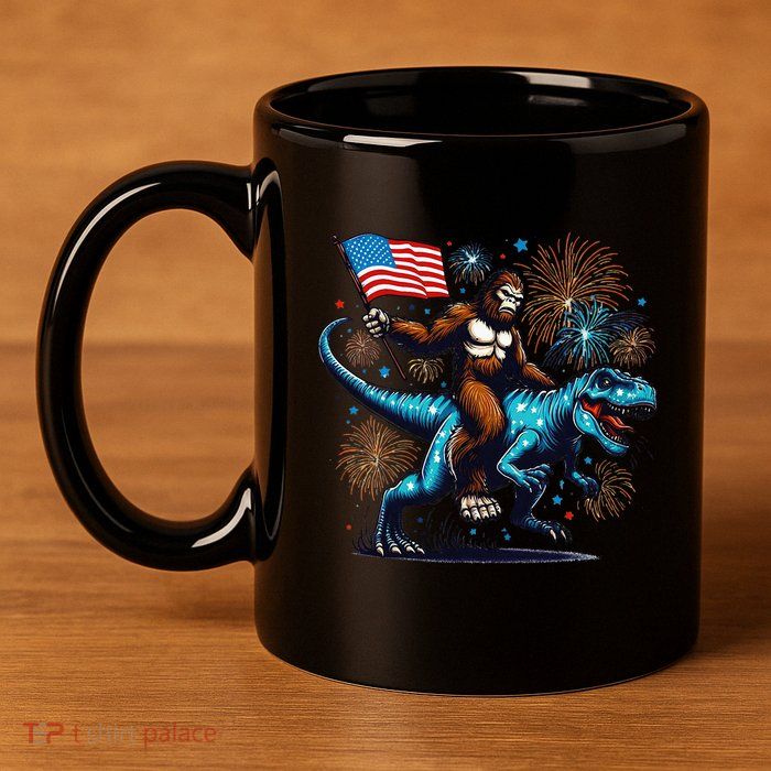 Bigfoot Fireworks Riding A Trex With Usa Flag 11oz C Handle Ceramic Mug