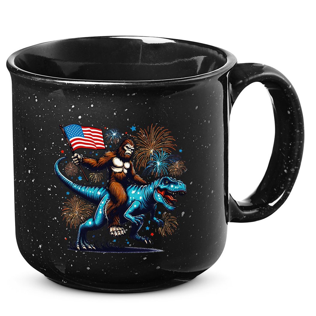 Bigfoot Fireworks Riding A Trex With Usa Flag 15oz Campfire Ceramic Mug