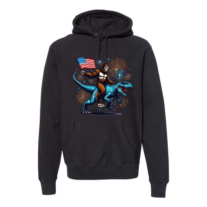 Bigfoot Fireworks Riding A Trex With Usa Flag Premium Hoodie