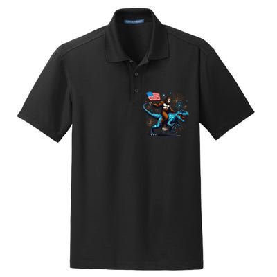 Bigfoot Fireworks Riding A Trex With Usa Flag Dry Zone Grid Polo